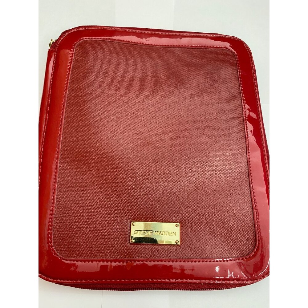 Steve Madden Red Faux Leather Glossy Zippered  Tablet Case With Gold Logo Plate